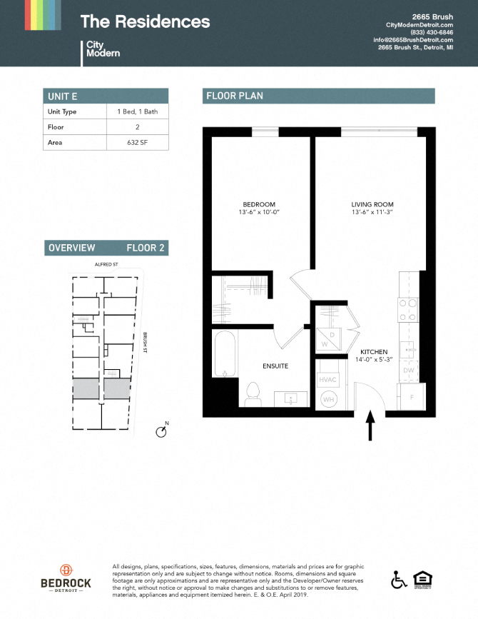 Floor plan for 1 bed, 1 bath, 632 sqft